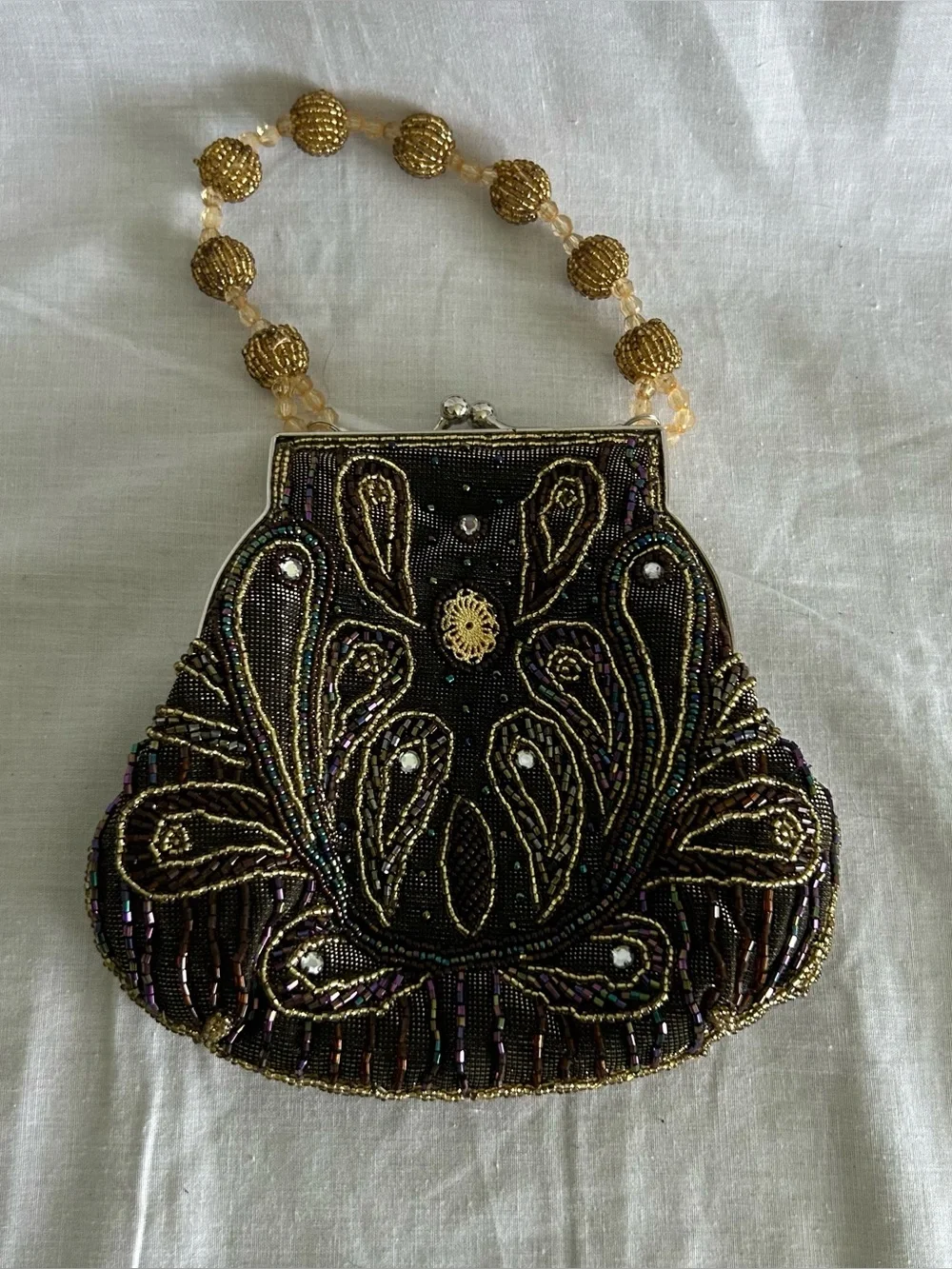 Art Deco Style Beaded Evening Bag Flapper Paisley Brown Gold Purse